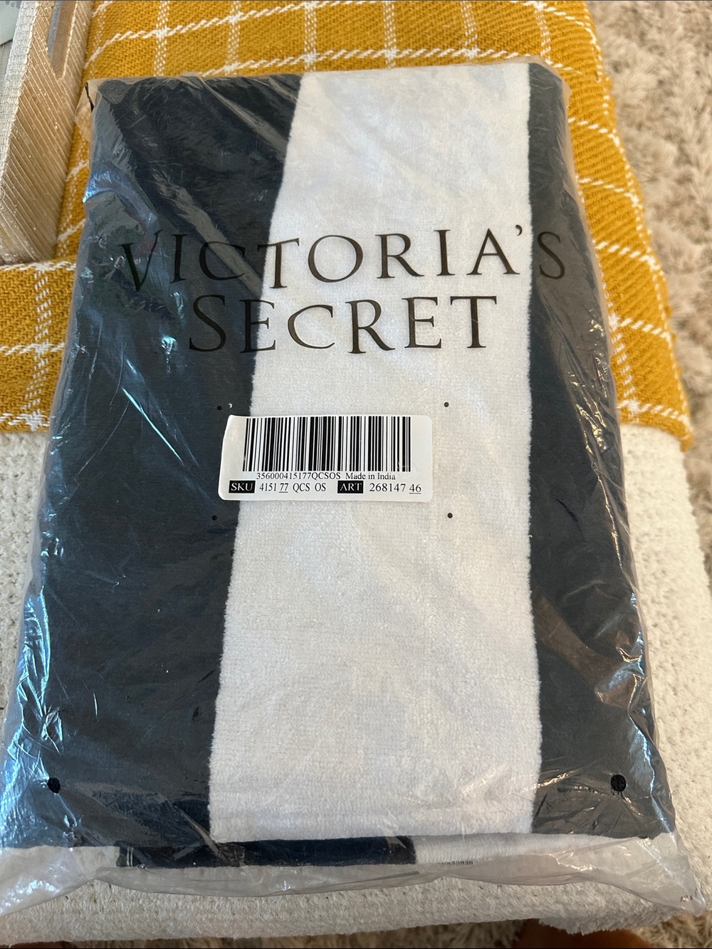 Victoria's Secret Black & White Striped Towel - Logo Packaging